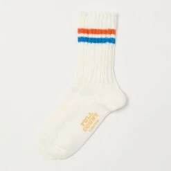 Full Count All Cotton Knit Ribbed Sock - White/Orange/Blue