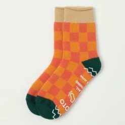 RoToTo 'Checkerboard' Pile Room Sock - Beige/D. Green