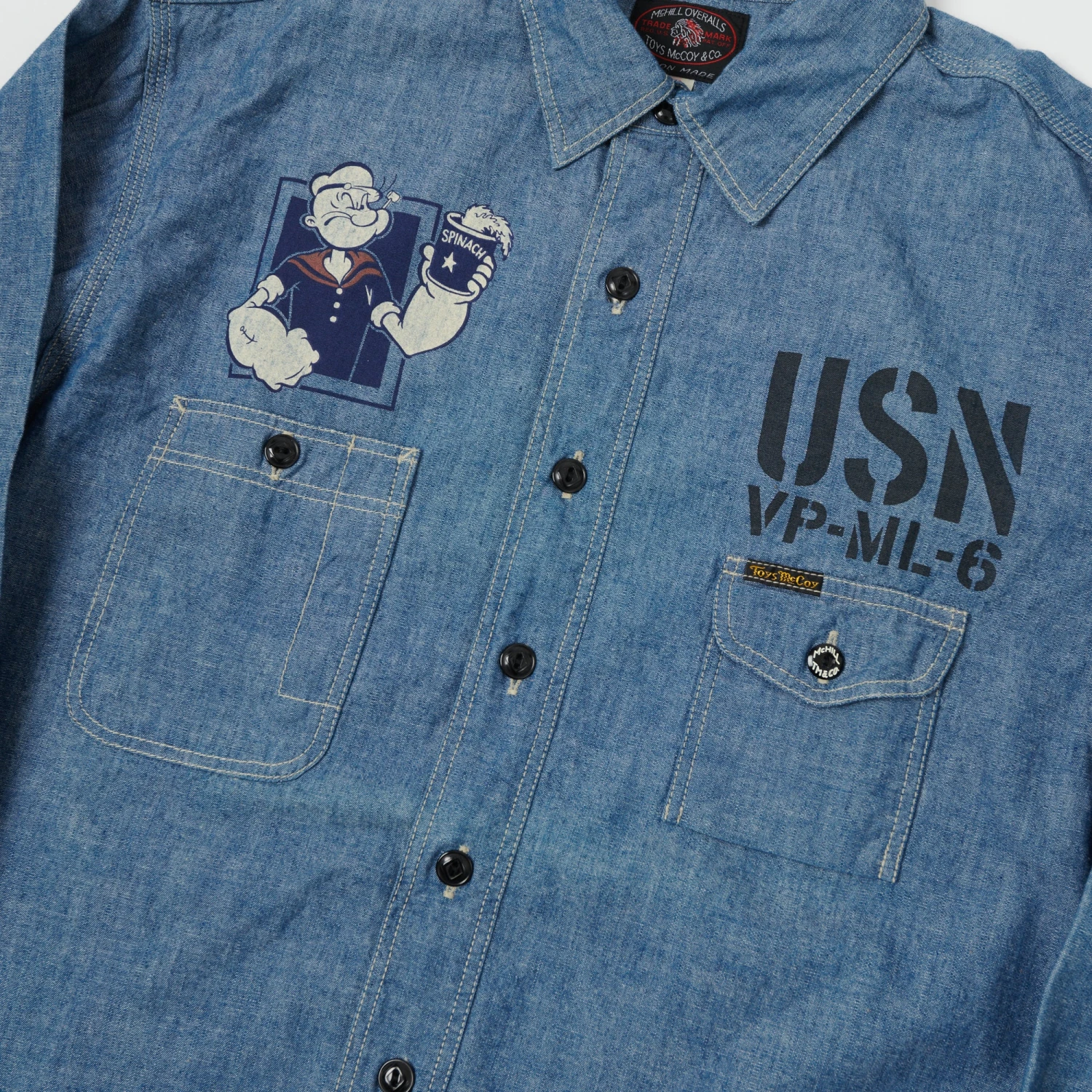 TOYS McCOY TMS2003 'Popeye' Print Military Chambray Shirt - Blue 8 TOYS McCOY TMS2003 'Popeye' Print Military Chambray Shirt - Blue - Image 6